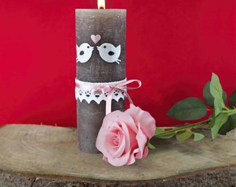 Rustieke trouwkaars met vogels en kloskant, trouwkaars, kaars als huwelijksgeschenk, gepersonaliseerde trouwkaars, huwelijksdecoratie
