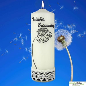 Mourning candle dandelion, in loving memory in ivory with bobbin lace, hand-inscribed, mourning light, condolence candle, memorial candle