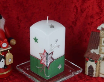 Weihnachtskerze mit Weihnachtsstern und Sternenschweif mit Strass-Steinen grün, weiß, silber, Quaderform, kleines Weihnachtsgeschenk