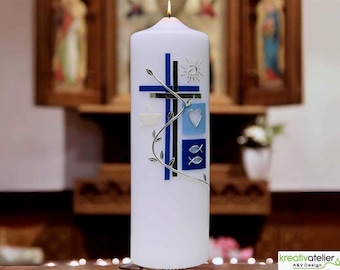 Baptism candle with flower tendril, two-coloured cross, sun, dove and 2 tiles with heart and fish, candle for baptism personalized with name