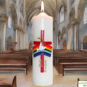Messaggero di Pace – Cero pasquale cristiano decorato a mano con colomba, arcobaleno, croce rossa e Alpha/Omega, cera d'api o paraffina