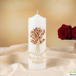 Vela de boda Árbol de la Vida en rubí/oro con anillos de boda, 25x8, decoración de cera, vela de boda personalizada, vela de regalo de boda