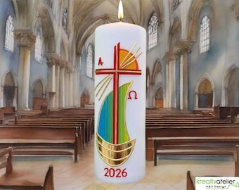 Stralen van Hoop – Paaskaars met kruis, zon & Alpha/Omega, handgemaakte christelijke decoratie, bijenwas of paraffine