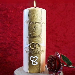 Wedding candle champagne, gold decorated with doves, rings and hearts, wedding candle personalized, wedding gift candle