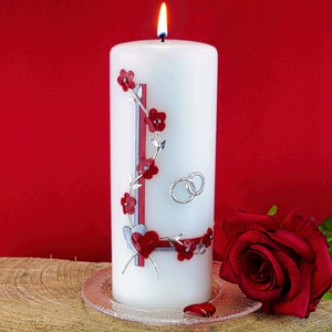 Wedding candle flower tendril red/silver and two rings, wedding candle wedding, wedding gift candle, personalized wedding candle