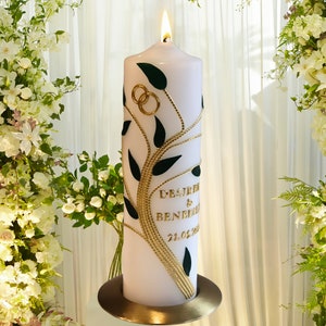 Wedding candle flower tendril gold/green with two rings, wedding candle wedding, wedding candle wax decoration, personalized wedding candle