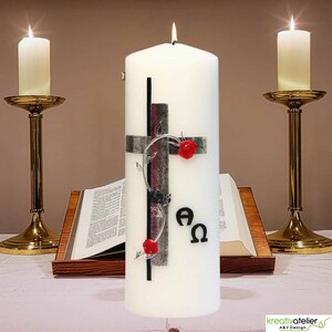 Mourning candle personalized Alpha Omega with cross in antique silver, memorial candle for the deceased, candle to commemorate with name, mourning light