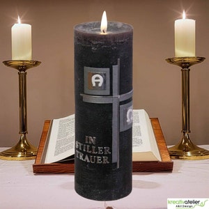 Mourning candle grey customizable, In silent mourning, Alpha Omega with cross in silver, memorial candle for the deceased, condolence candle