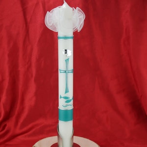 Baptismal candle with Byzantine cross, dove and fish in ivory, baptism candle for boys or girls, personalizable with name and date