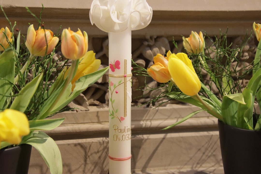 Christening Candle With Cross, Dove, Butterfly and Flower Tendril