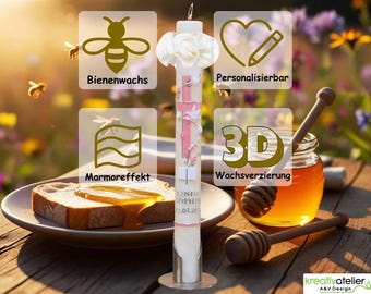 Beeswax baptism candle with floral tendril, Bible, dove, cross in delicate rose silver, 3D wax decoration, marble surface, customizable