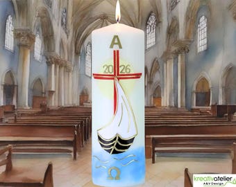 Light of Resurrection – Handmade Christian Easter Candle with Cross, Sailboat, Sun & Alpha/Omega, Beeswax or Paraffin, Spiritual Home Décor