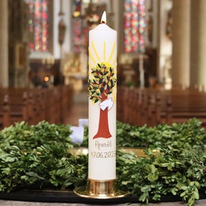 Baptismal candle tree of life with sun and dove, lovingly hand-decorated baptism candle for boys or girls, personalizable with name and date