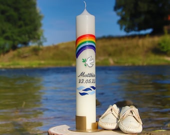 Baptismal candle rainbow, dove and waves, beautiful hand-decorated slim baptism candle for boys or girls, personalizable
