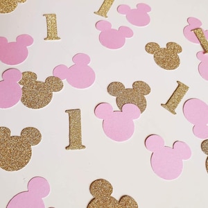 180 Minie Pink& Gold Glitter Number Confetti. Circle Table Confetti, Bridal Showers, Birthday Parties. First Birthday Decor