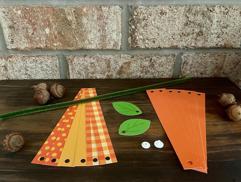 Pode incluir: Um kit de artesanato para fazer uma decora&ccedil;&atilde;o de ab&oacute;bora. O kit inclui tiras de papel com padr&otilde;es laranja e amarelo, folhas de feltro verde, olhos saltitantes brancos, um limpador de cachimbo verde e um pau marrom.
