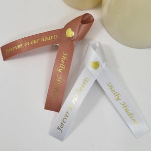 RIP Personalised Funeral Ribbons. Shaped Memorial Ribbons Ribbon With Linked Hearts. Forever In Our Hearts Memorial Bows Funeral Favour UK