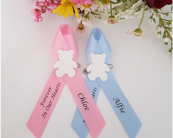 Personalised Baby Loss Memorial Funeral Ribbons With White Teddy Bear. Child, Boy, Girl Bereavement Funeral Guest Gift. Funeral Favours Uk