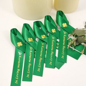 Personalised Shamrock Memorial Ribbons. Pre Shaped Satin Funeral Ribbon Pins With A Four Leaf Shamrock. Funeral Favours Uk. Custom Keepsake