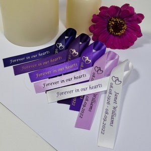 RIP Personalised Funeral Ribbons. Shaped Memorial Ribbons Ribbon With Linked Hearts. Forever In Our Hearts Memorial Bows Funeral Favour UK