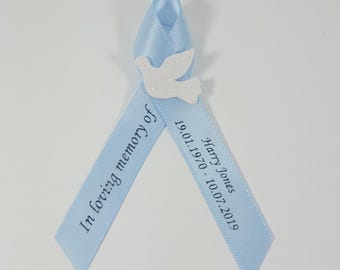 Personalised Funeral Ribbons. Memorial Ribbons. White Dove Memorial Gift For Guests. Pre Shaped Satin Ribbon Bow. Custom Funeral Favours Uk