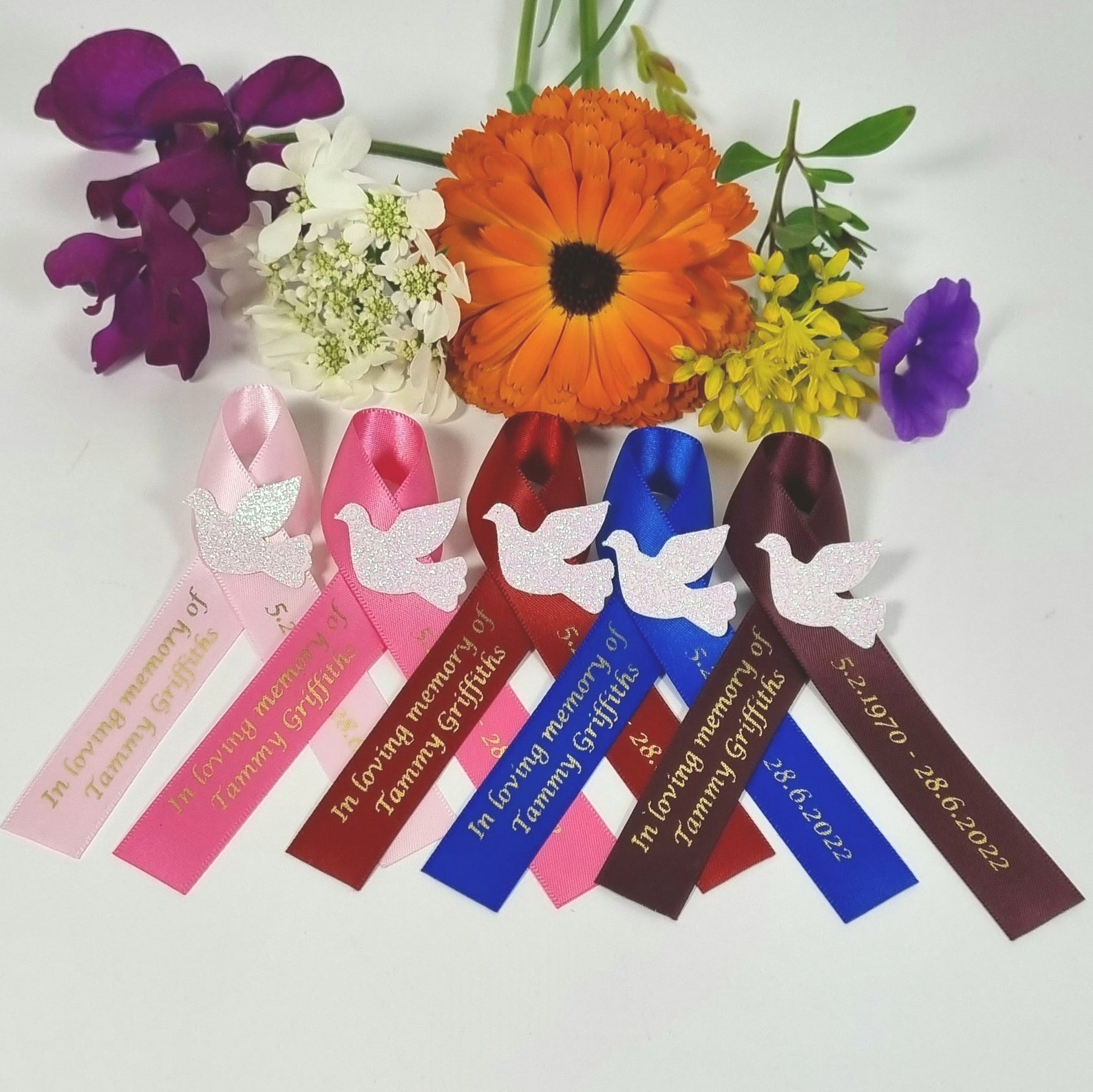 Memorial Ribbon Sticker Ready to Wear Personalised Funeral Ribbons. Memorial Ribbons With White ...