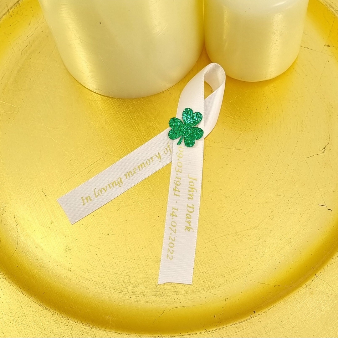 Personalised Shamrock Funeral Ribbons. Ready to Wear Satin Memorial Ribbon Pins With Three Leaf