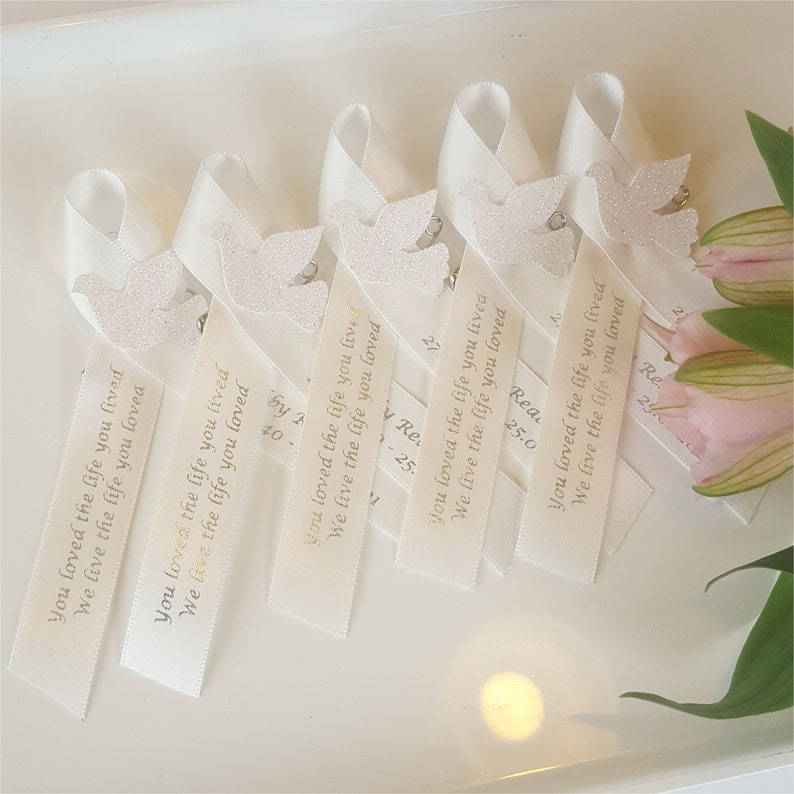 Ready to Wear Personalised Funeral Ribbons. Memorial Ribbons With White ...