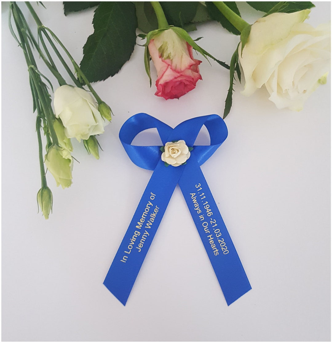 Any Colour Personalised Funeral Ribbons With Cream Rose. Double Loop