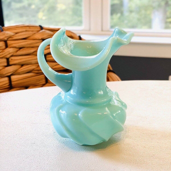 Vintage Fenton Wave Crest Pitcher Vase Turquoise Seafoam Blue 6” With Handle - Fenton decor