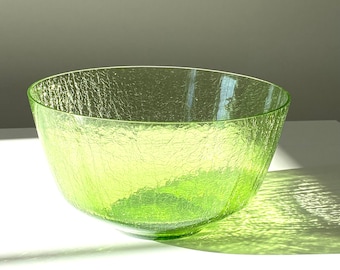 Vintage handblown crackled glass Blenko Art Glass style Large 9” Green Bowl - MCM collectible glassware - jewelry bowl - Mother’s Day gifts