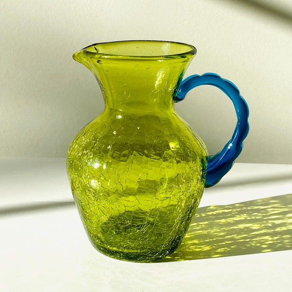 Vintage Blenko style handblown crackled glass Green & Blue handle 5.5” Pitcher Vase - collectible glassware - Mother’s Day gift