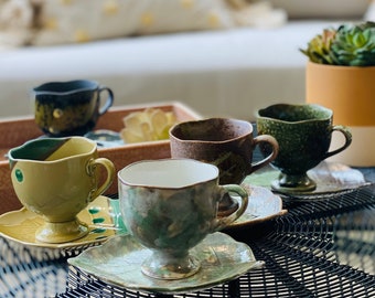 NEW set of 5 Japanese earthenware Teacups & Leaf Saucers, Sakura tea party, Japan lovers