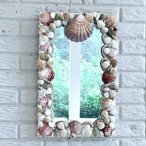 Handmade Unique Real Shell beach themed - Lake Beach Home rectangular white wooden mirror 14.5” W x 22” L - Seashell Mirror