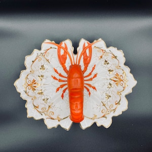 ANTIQUE German Hand Painted Carl Tielsch Altwasser LOBSTER Divided Ceramic Dish Bowl 14” wide - beach house - New England decor