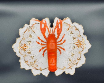   ロブスターディッシュ Vintage Lobster Porcelain Serving Dish with Handle, Gold