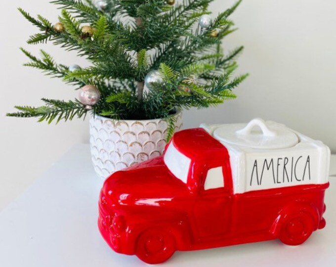 NEW Rae Dunn AMERICA Red and White Pickup Truck Cookie Canister Mom