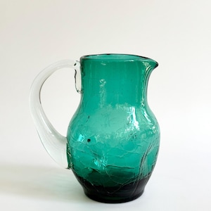 Vintage handblown crackled dimpled Green & White handle glass 5 1/2” Pitcher Vase - collectible glassware - Mother’s gift - Blenko style