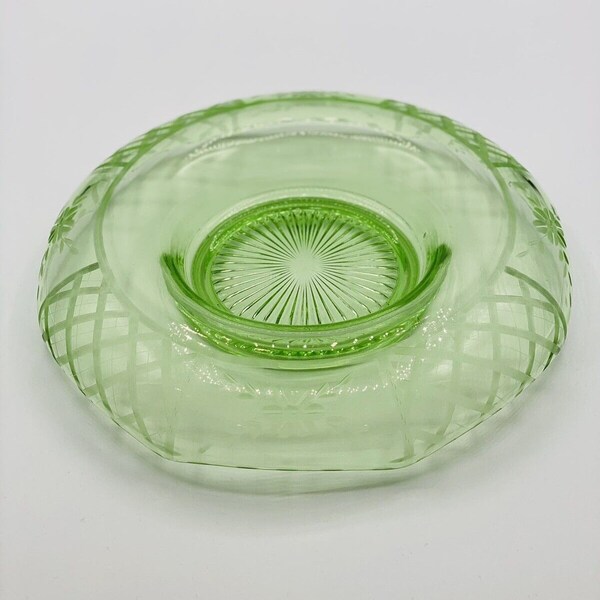 Vintage Green Depression Glass Etched Floral Trellis with Rolled Edge Centerpiece Bowl - statement glass bowl