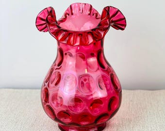 ヴィンテージクラックルガラスの花瓶 – 青い葉があしらわれた手吹き