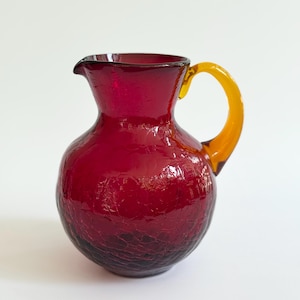 Vintage Handblown Ruby Red Crackle Glass Pitcher – Orange Handle, 5.5"