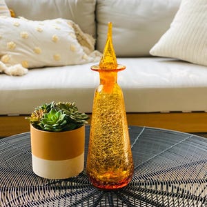 Mid Century Modern vintage handblown Rainbow Glass Amber 14” Decanter & Stopper crackle finish, BOHO Fall Halloween Decor Blenko glass style