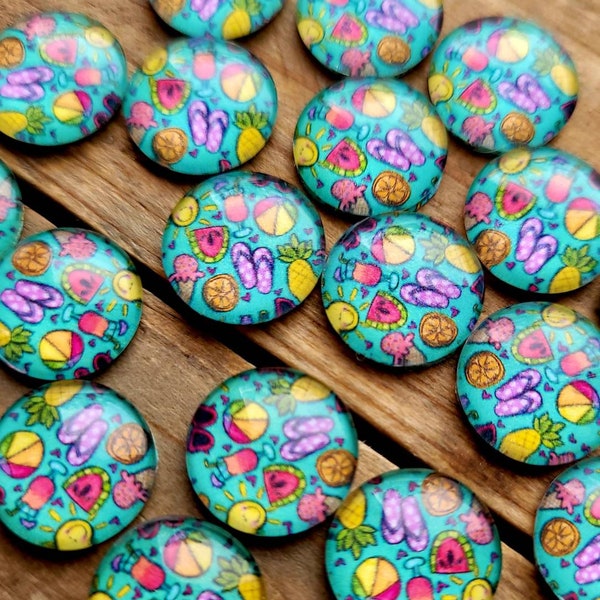 Summer Doodles cabochon | 10 piece 12mm cabochon lot | Fruit Cabochon mix | Fits 12mm setting | Floral cabochon | Watermelon cabochon earrin