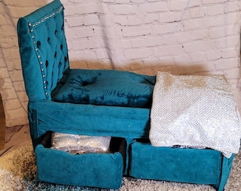 Upholstery pet bed, teal pet bed, storage pet bed, Upholstery dog bed, luxury dog bed, luxury pet bed, Upholstery pet furniture, pet beds