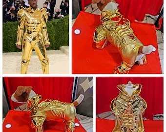 Gold armour pet costume, Gold armour dog costume, Lil Nas X gold pet costume, mutt gala pet costume, gold robotic pet costume, c3po pet