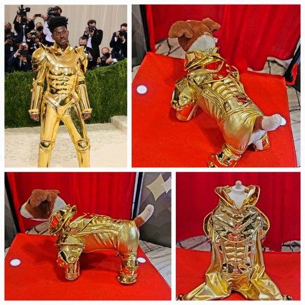 Gold armour pet costume, Gold armour dog costume, Lil Nas X gold pet costume, mutt gala pet costume, gold robotic pet costume, c3po pet