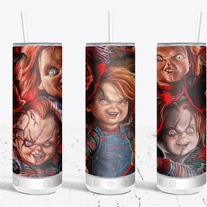 May include: Three stainless steel tumblers with a white base and a red, white, and black graphic print of the character Chucky from the horror movie Child's Play.