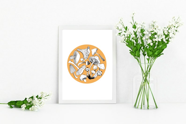 Mushroom circle hand-drawn illustration digital print with colour kitchen home wall art print image 8