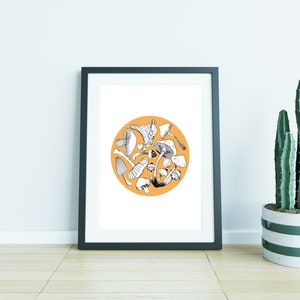 Mushroom circle hand-drawn illustration digital print with colour kitchen home wall art print image 2