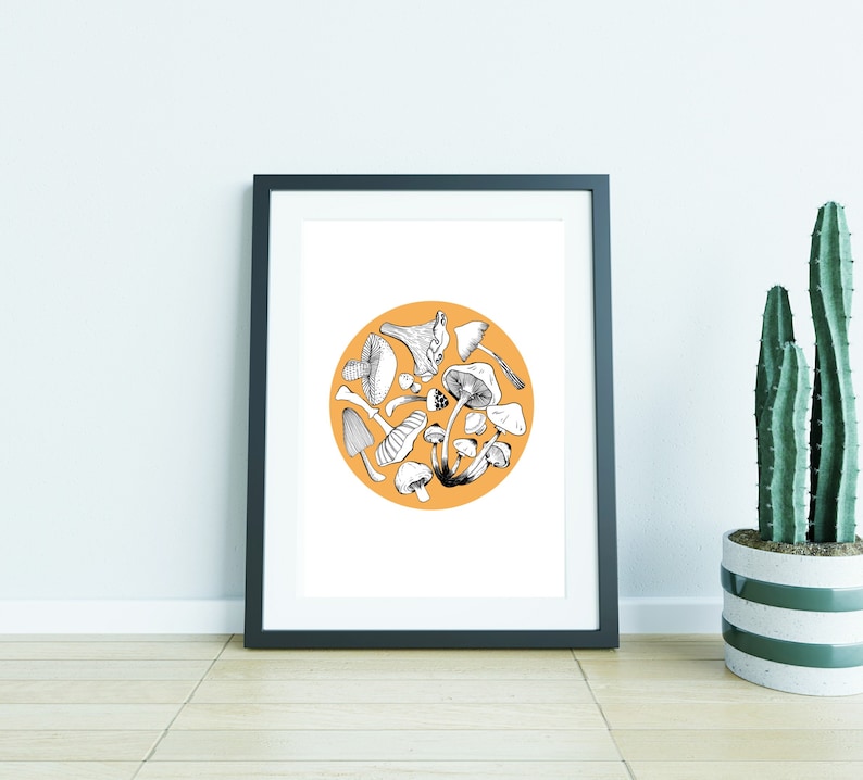 Mushroom circle hand-drawn illustration digital print with colour kitchen home wall art print image 2